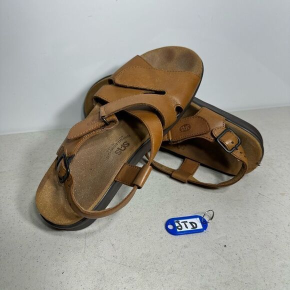 SAS Huggy Brown Leather Adjustable Strap Slingback Buckle Sandals 9,5N - Picture 1 of 8